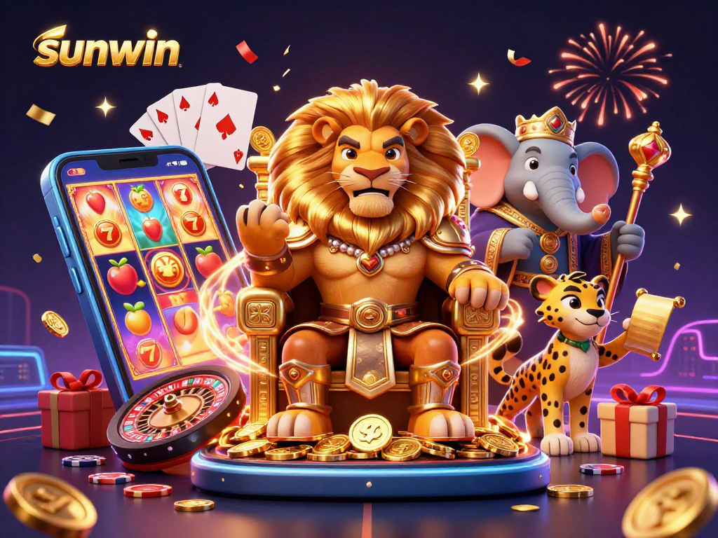 sunwin casino adventure with a lion king, elephant advisor, and cheetah messenger amidst slot games and excitement