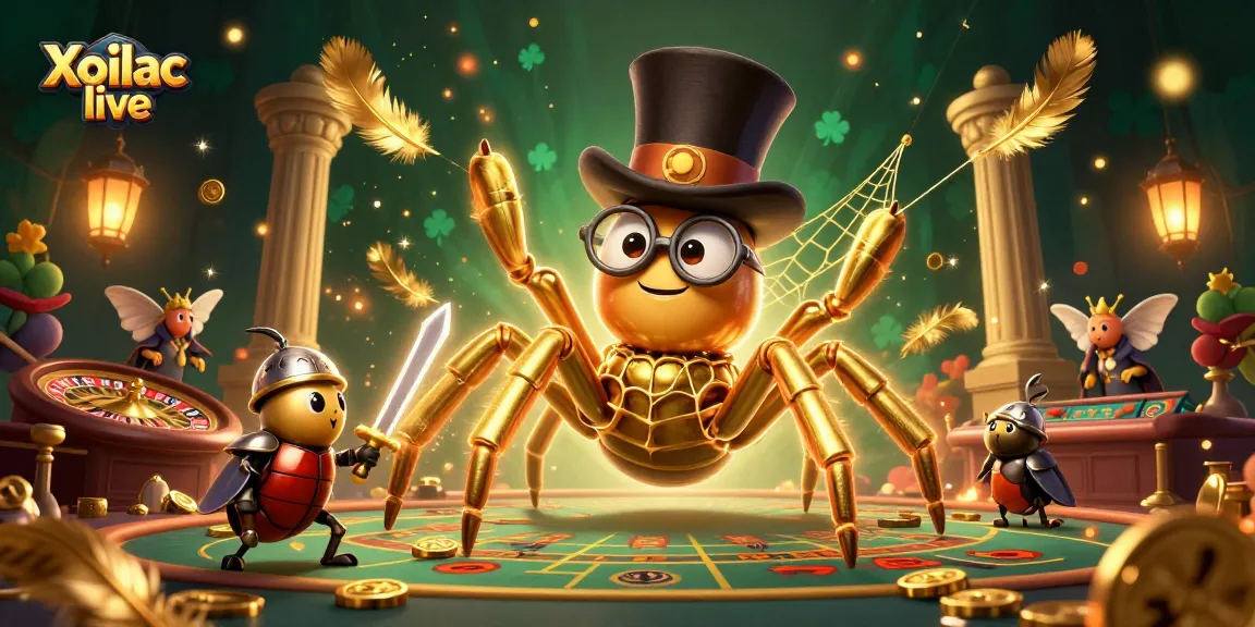 Experience the thrill of Xoilac live with a vibrant casino scene featuring a charming golden tarantula and beetle knight.