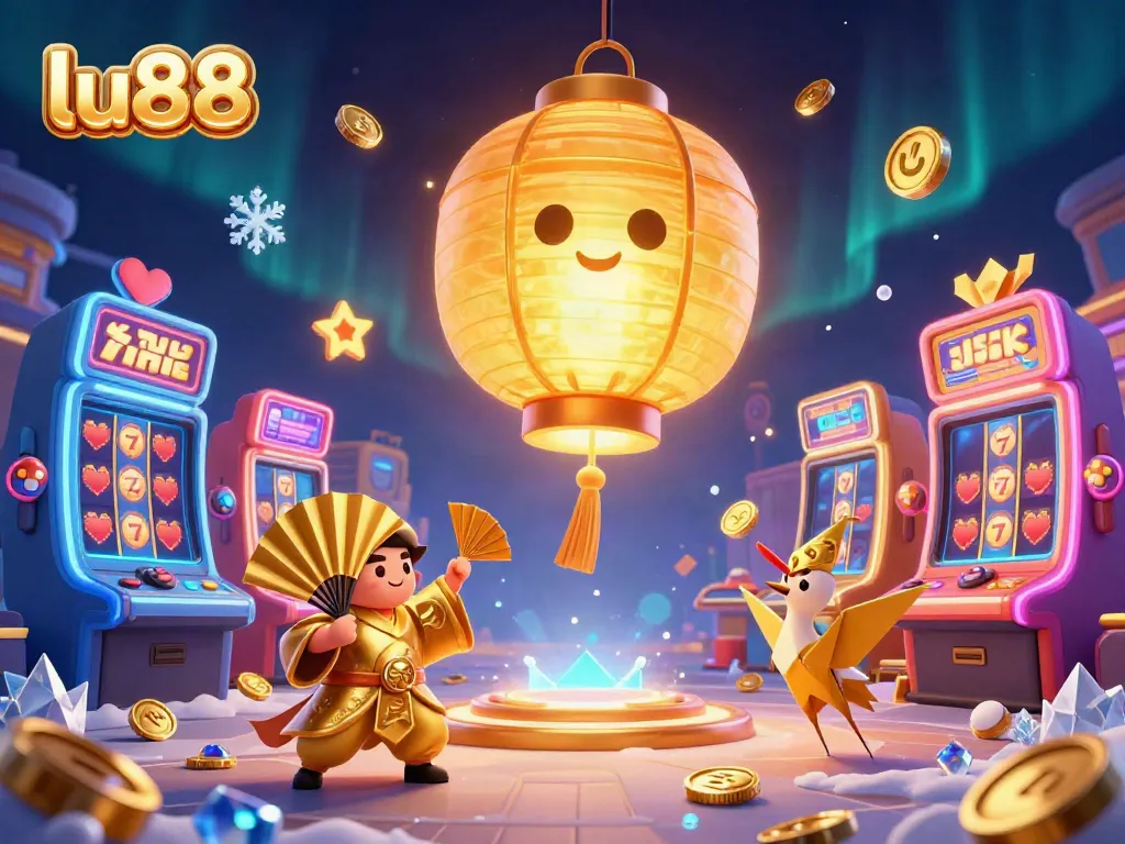 lu88 showcases vibrant slots in a magical 3D scene with golden lantern spirit and gaming icons.