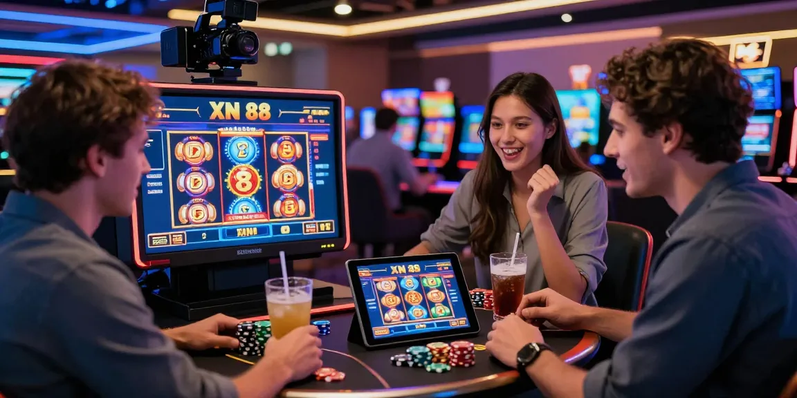 Exciting gaming experience on XN 88 showcasing slot games and friends strategizing.