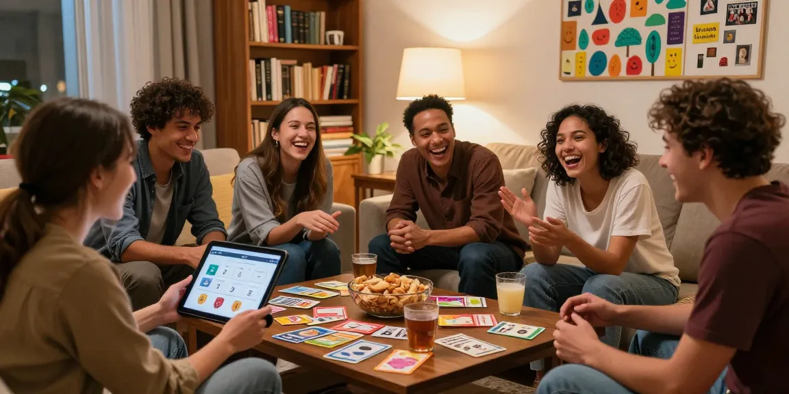 Friends enjoying a lively quiz Allgemeinwissen night with colorful cards and snacks in a cozy living room.