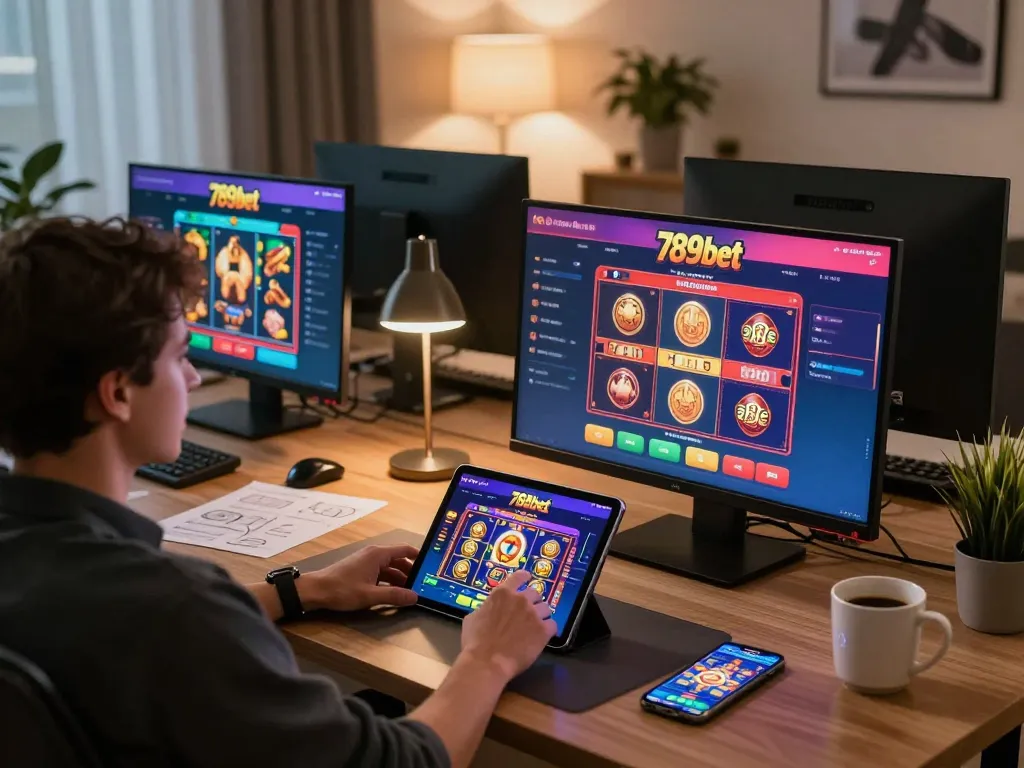 Player engaging with the 789bet online casino interface on multiple screens, showcasing a dynamic betting moment.
