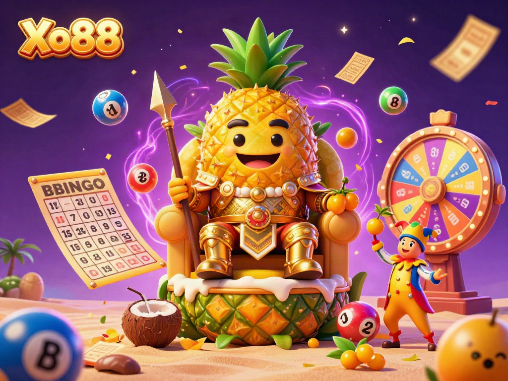 Xo88’s golden pineapple king and jester celebrate vibrant casino joy on a beach, surrounded by colorful lottery elements.