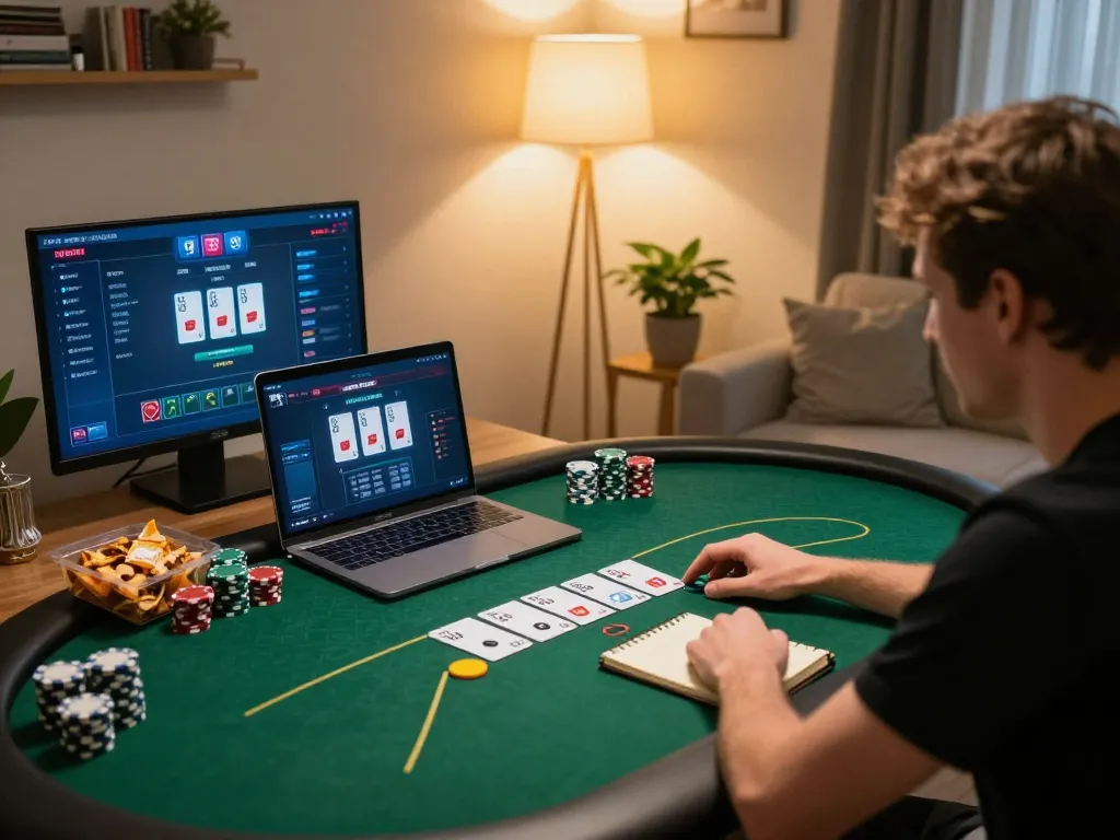 Player engaging in online poker at home with da88gg interface visible on screen