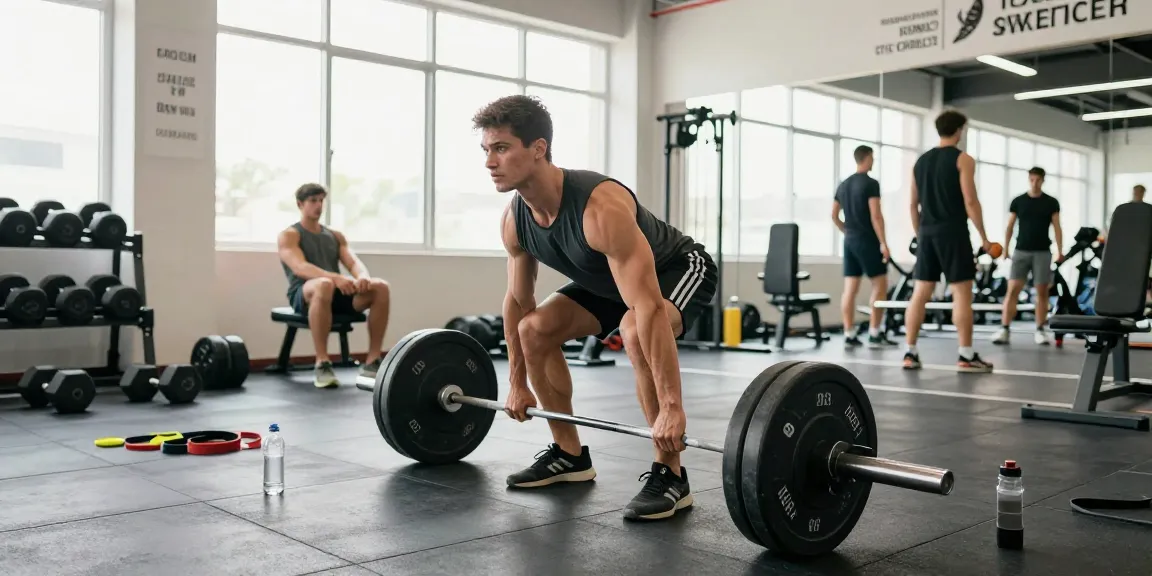 Muscular Sportler im Akra Labs Steroid Shop beim Deadlift im modernen Fitnessstudio.