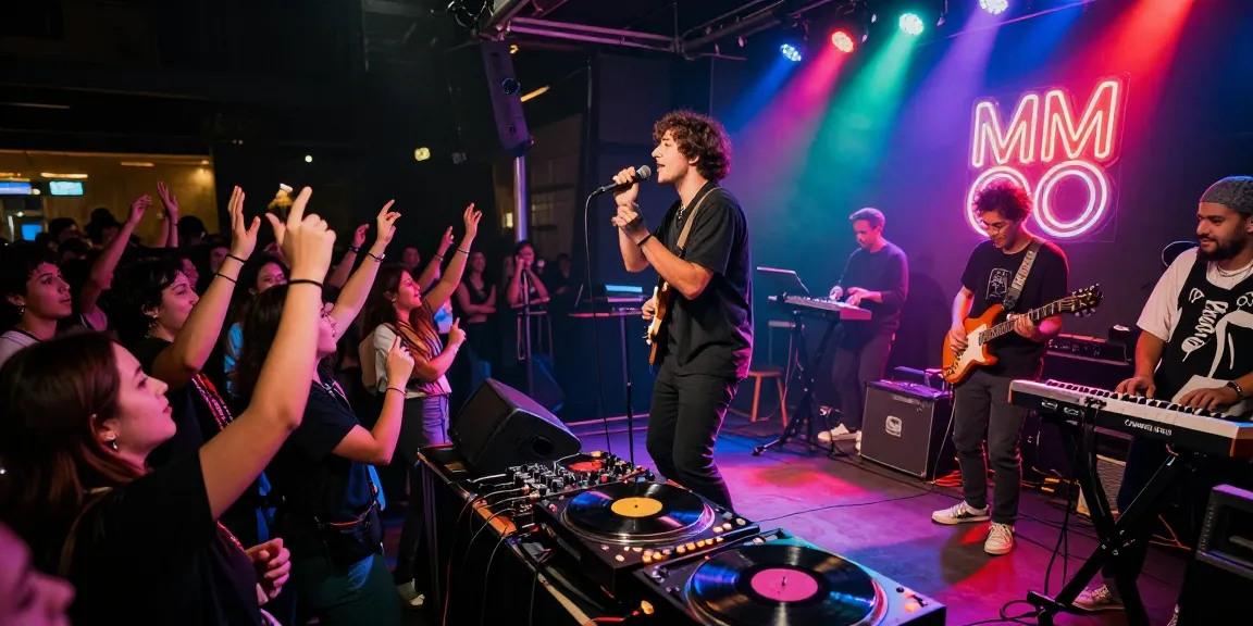 Live music performance of MM OO with vibrant lights and an engaged audience.