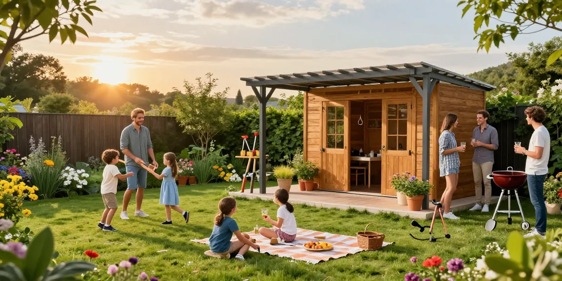Ein schönes Gartenhaus in einem blühenden Garten mit einer Familie, die einen sonnigen Tag im Freien verbringt.