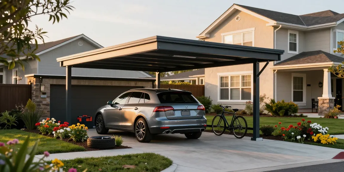 Moderne Carport-Installation in einer Wohngegend mit einem stilvollen Auto darunter, umgeben von einem gepflegten Garten.