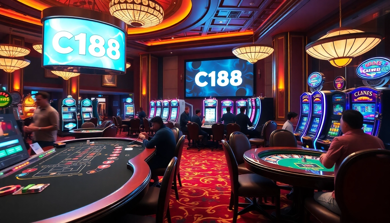 Excited players enjoying a dynamic casino experience at C168 with poker tables and slot machines.