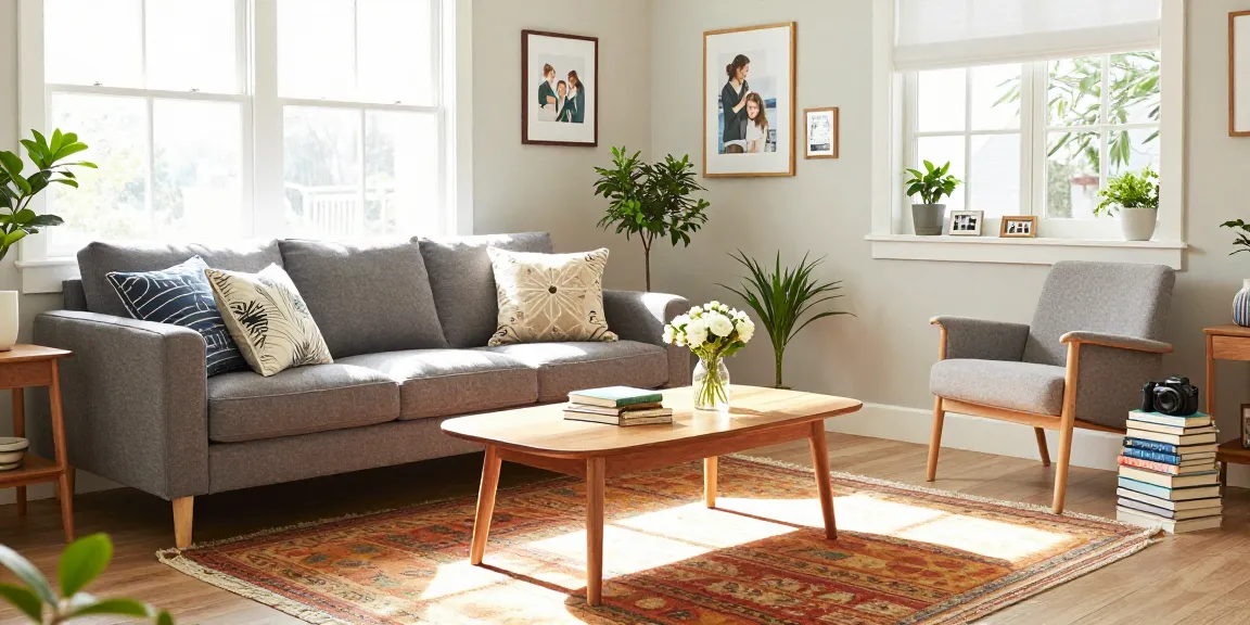 Stilvolles Wohnzimmer mit günstige möbel online, featuring einem gemütlichen grauen Sofa, einem Holztisch und lebendiger Dekoration.