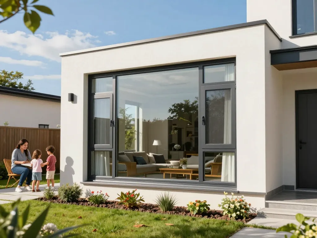 Hochleistungsfähige fenster schüco Aluminiumfenster in einem modernen Zuhause mit Familie, die den Garten genießt.