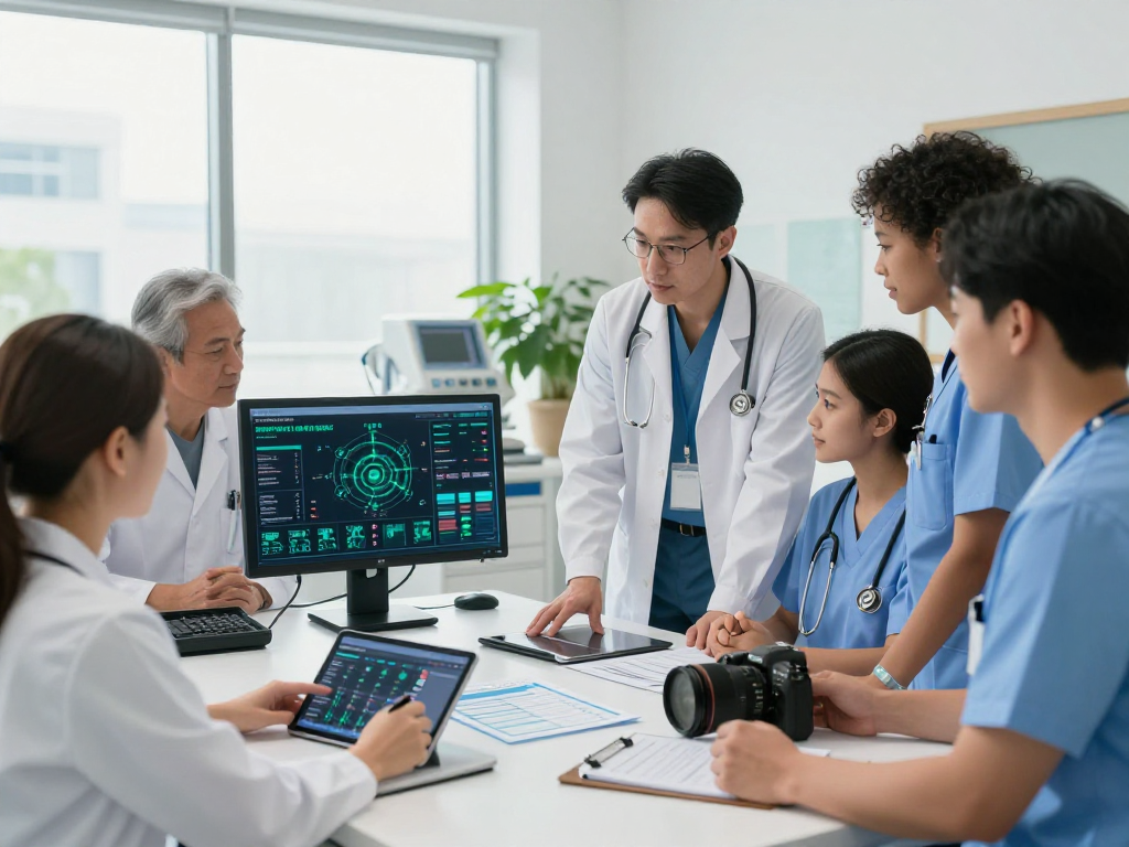 Gesundheitswesen Arzt Team arbeitet an Patientendaten in moderner Klinik.