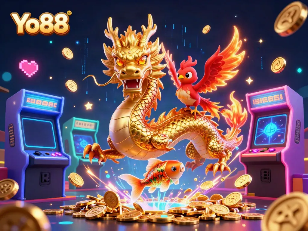 Experience thrilling gameplay at Yo88 with a fierce dragon, phoenix, and koi fish amidst shimmering coins.