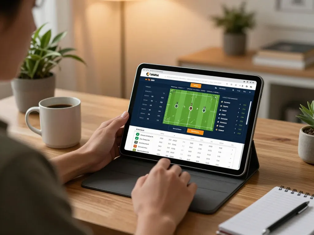 Engaging in sports betting on a tablet at home, exploring trang cá cược bóng đá through a stylish setup.
