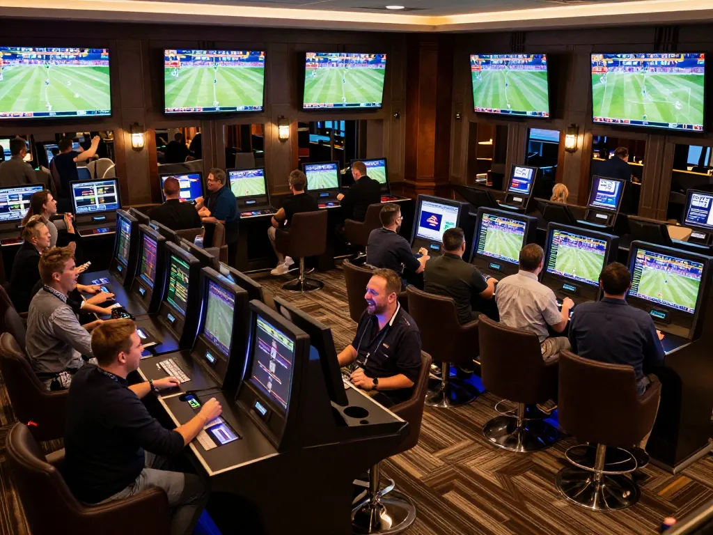 Engaged bettors analyzing odds and placing bets at the kèo nhà cái bet88 in an upscale sports betting lounge