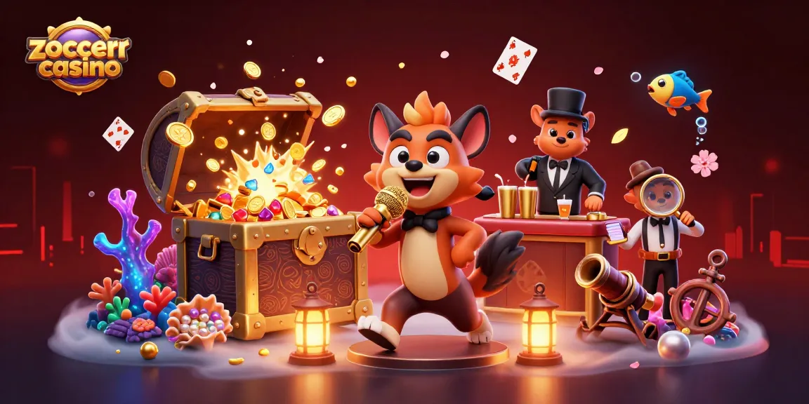 Engage with zoccercasino in a vibrant 3D cartoon hyena casino scene featuring comedy and cocktails.
