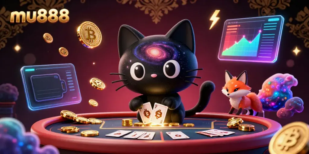 Engage with mu888 through a vibrant cosmic casino illustration blending luxury and gaming elements.