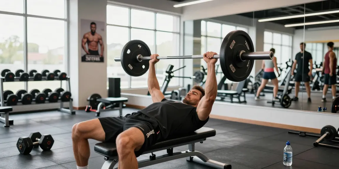 Anabolika kaufen für Muskelaufbau im modernen Fitnessstudio mit einem Mann beim Bankdrücken.