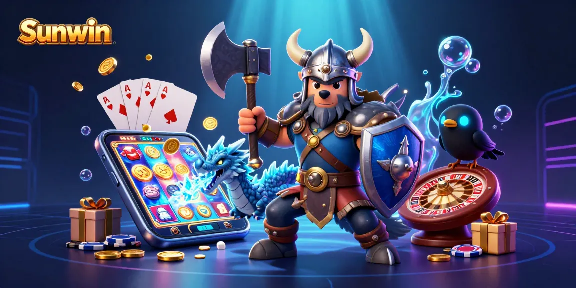 Experience thrilling slot games with Sunwin featuring a Viking warrior, dragon, and casino elements in a dynamic 3D scene.