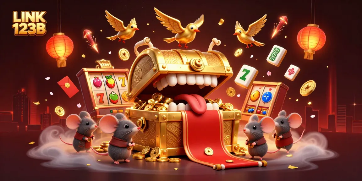 Experience thrilling adventures with LINK 123B at vibrant online slots, featuring golden treasures and festive decorations.