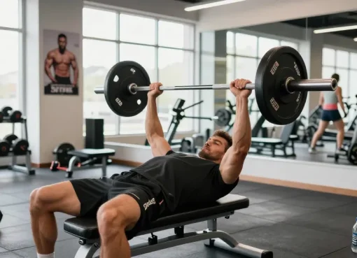 Anabolika kaufen für Muskelaufbau im modernen Fitnessstudio mit einem Mann beim Bankdrücken.