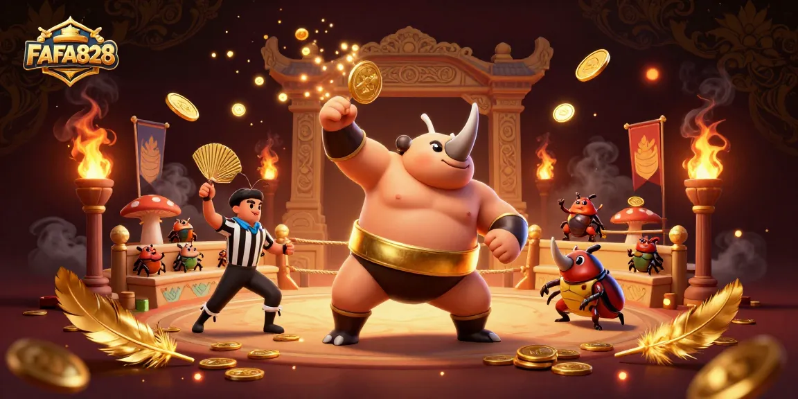 FAFA828 presents a thrilling gaming scene with a beetle champion amidst gold coins and a cheering crowd.