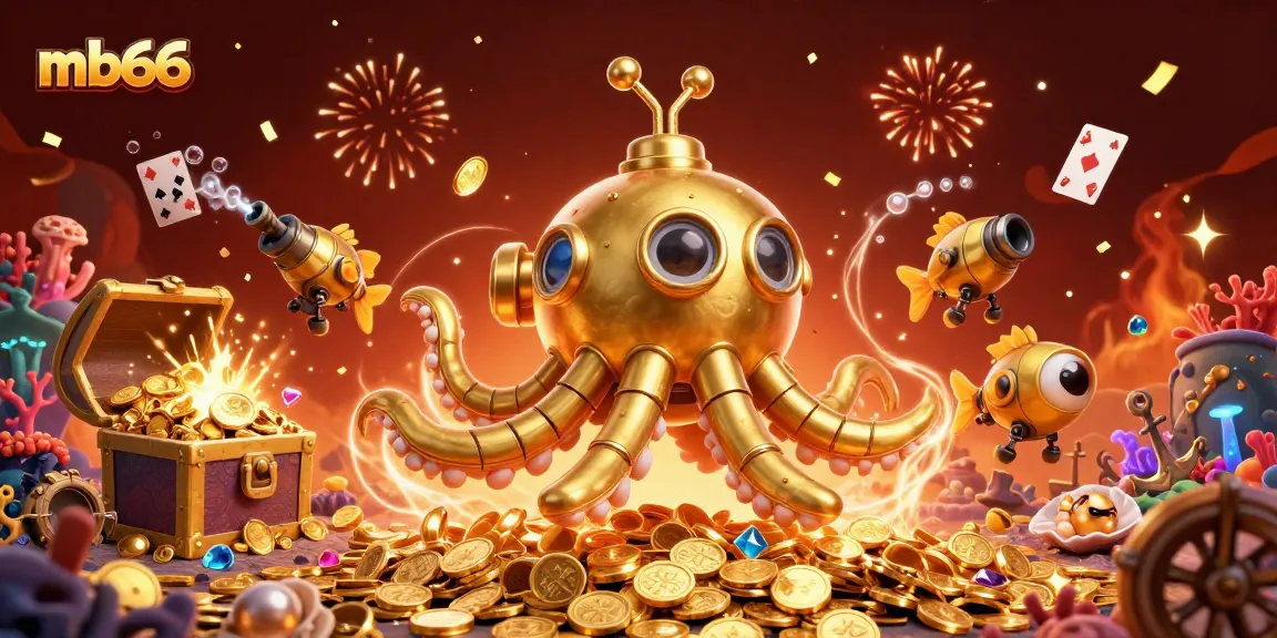 Win big with mb66: 3D cartoon scene featuring colorful casino elements and a kraken submarine
